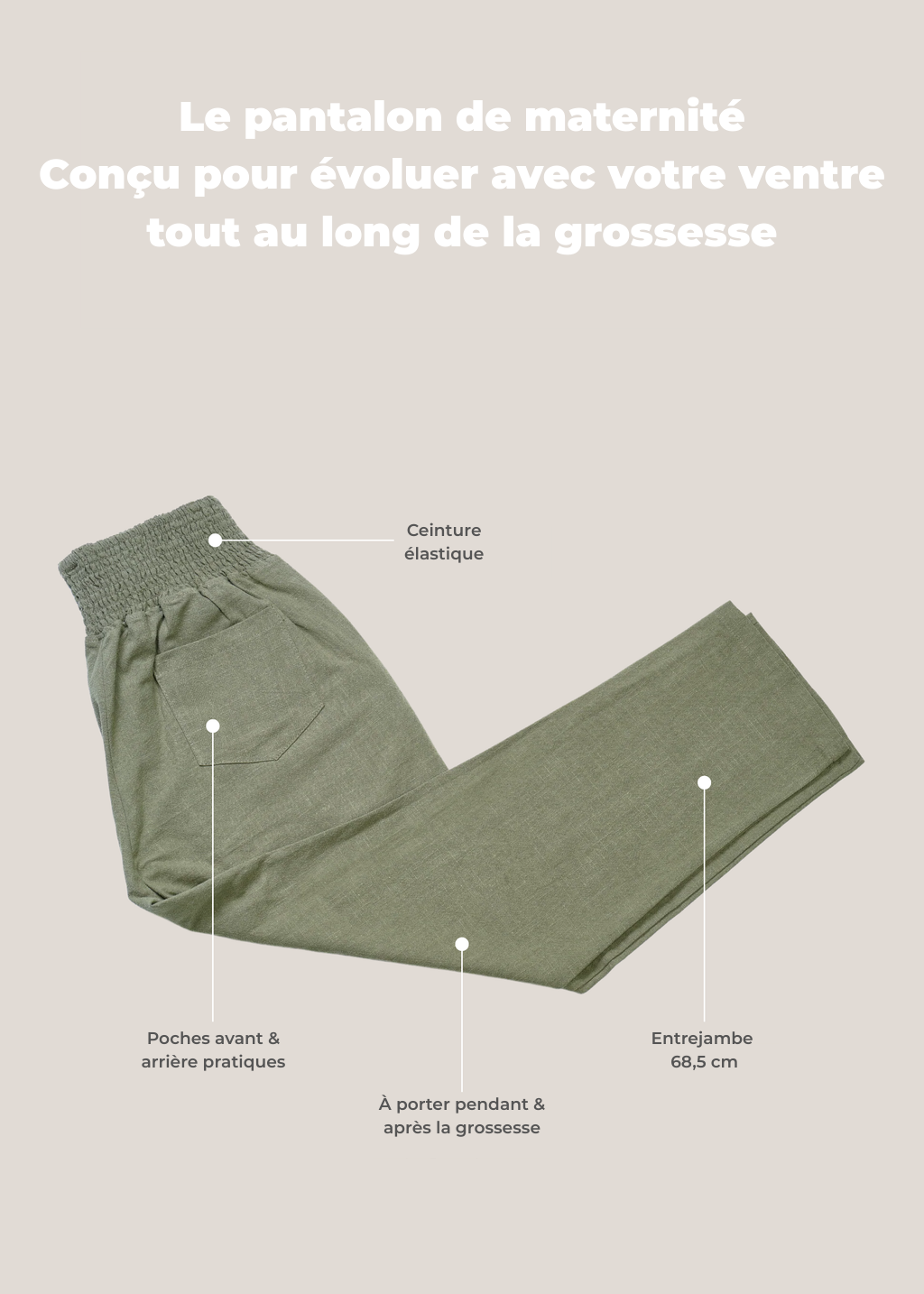 Pantalon de maternité en lin extensible, conçu pour évoluer avec votre ventre