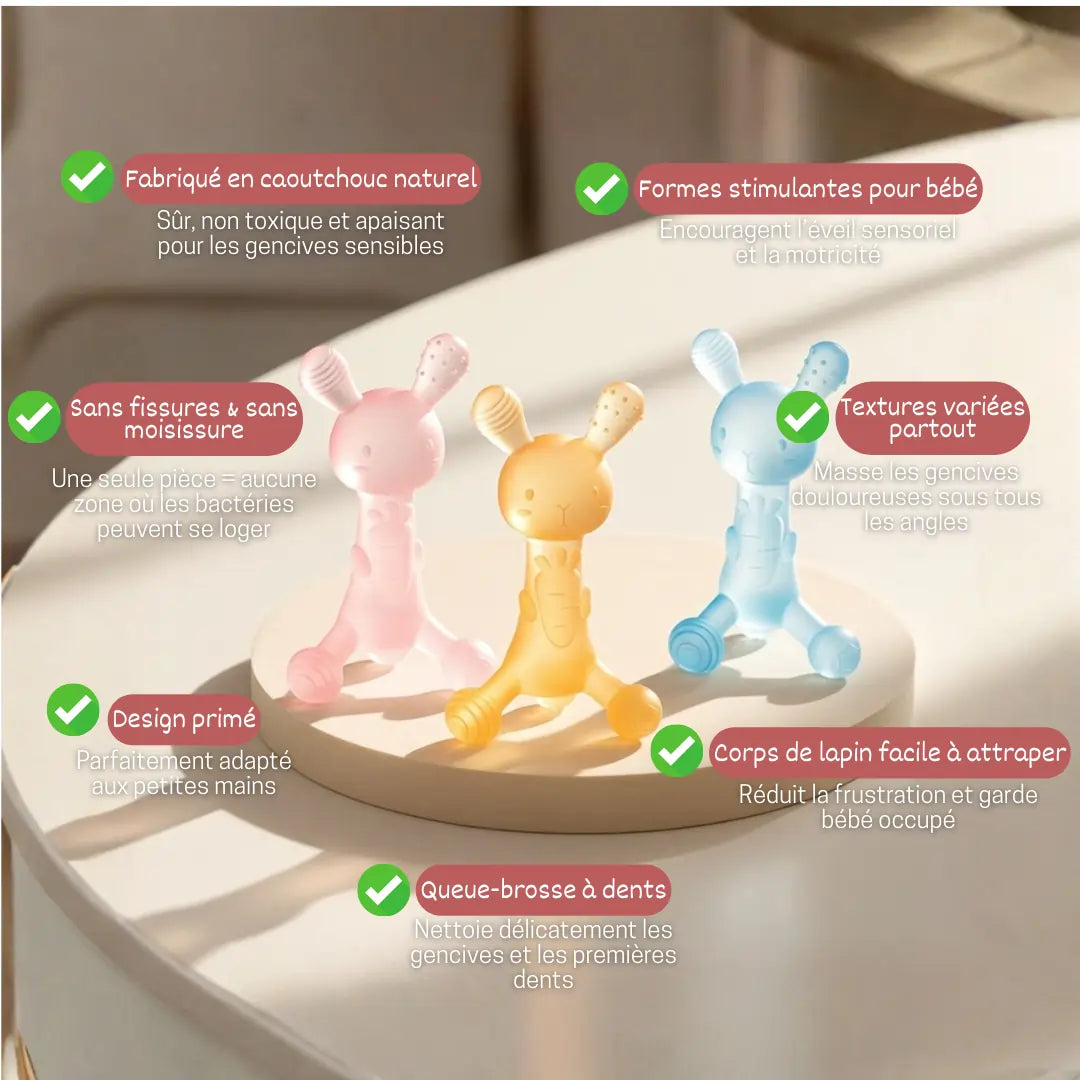 Dibly Amber - Anneau de dentition lapin en ambre baltique et caoutchouc naturel avec queue brosse à dents
